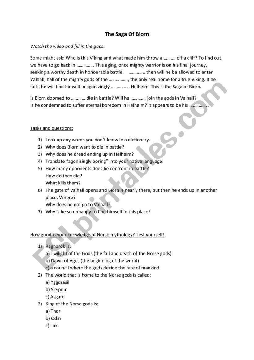 The Saga of Biorn worksheet