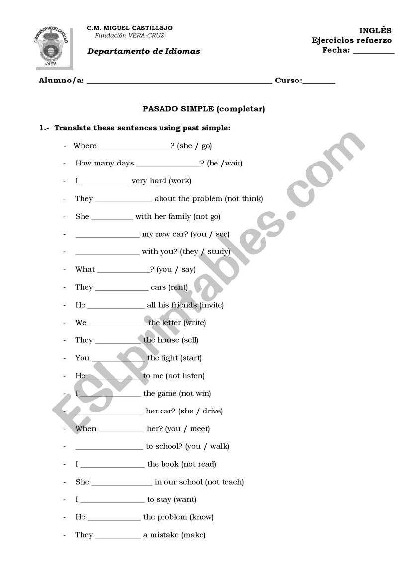 complete past simple worksheet