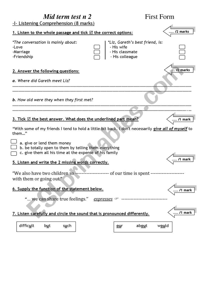 Mid term test n2 first form  worksheet