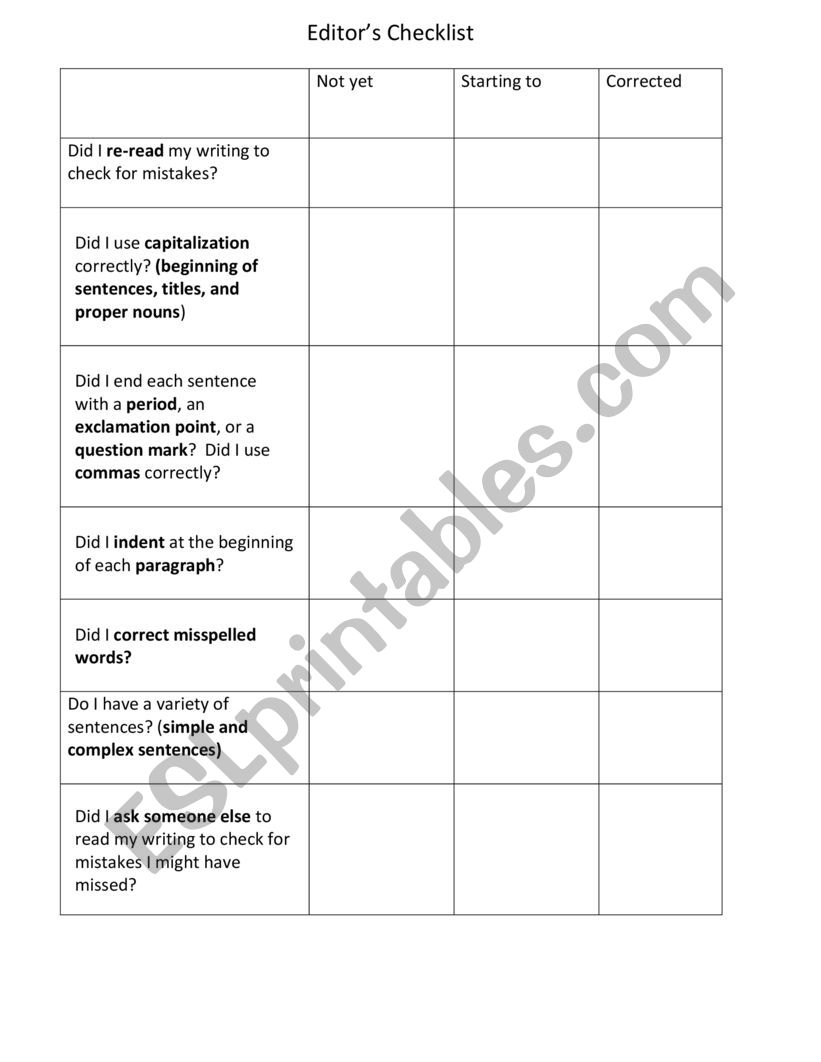 Editors Checklist worksheet