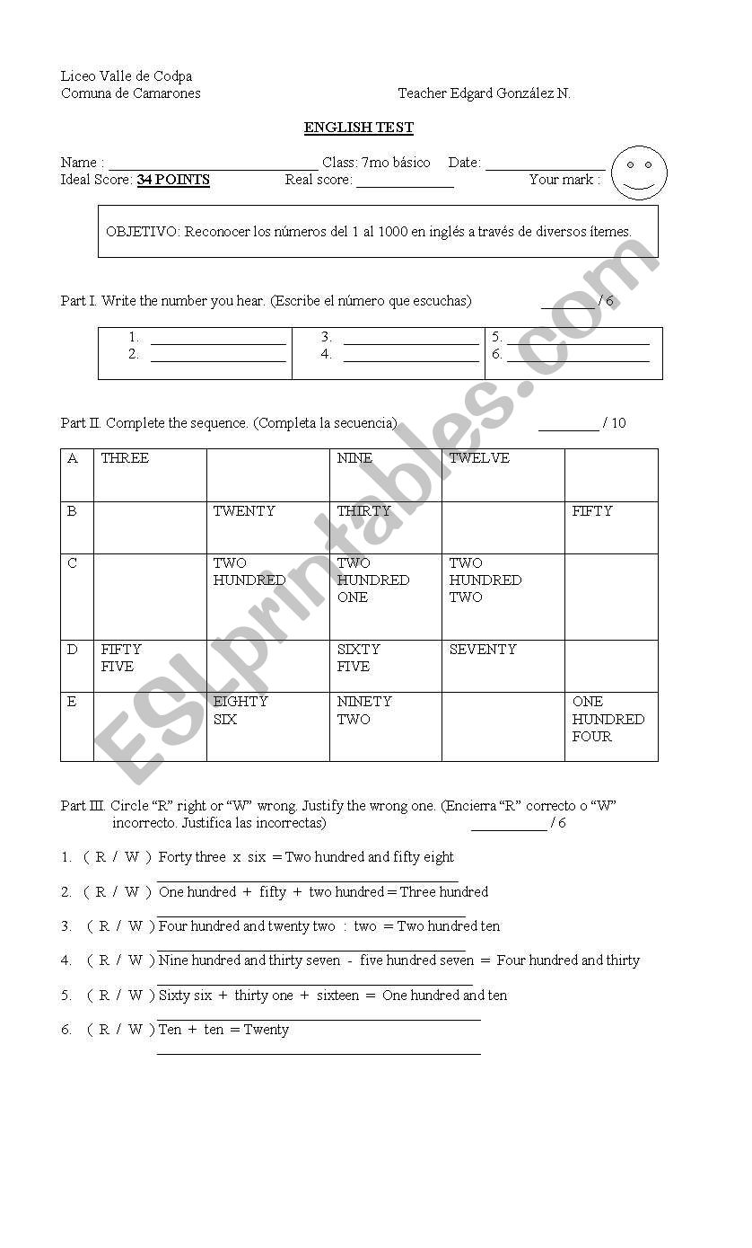 Test of numbers worksheet