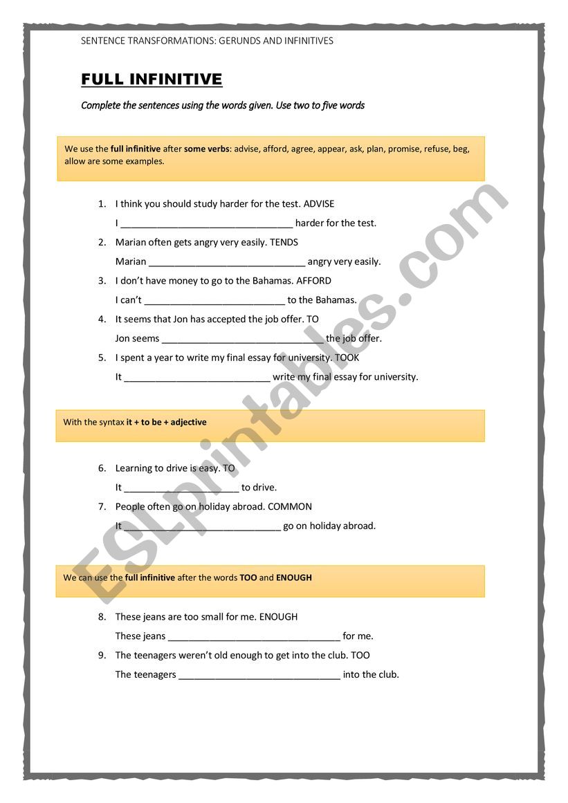 GERUNDS AND INFINITIVES: SENTENCE TRANSFORMATIONS