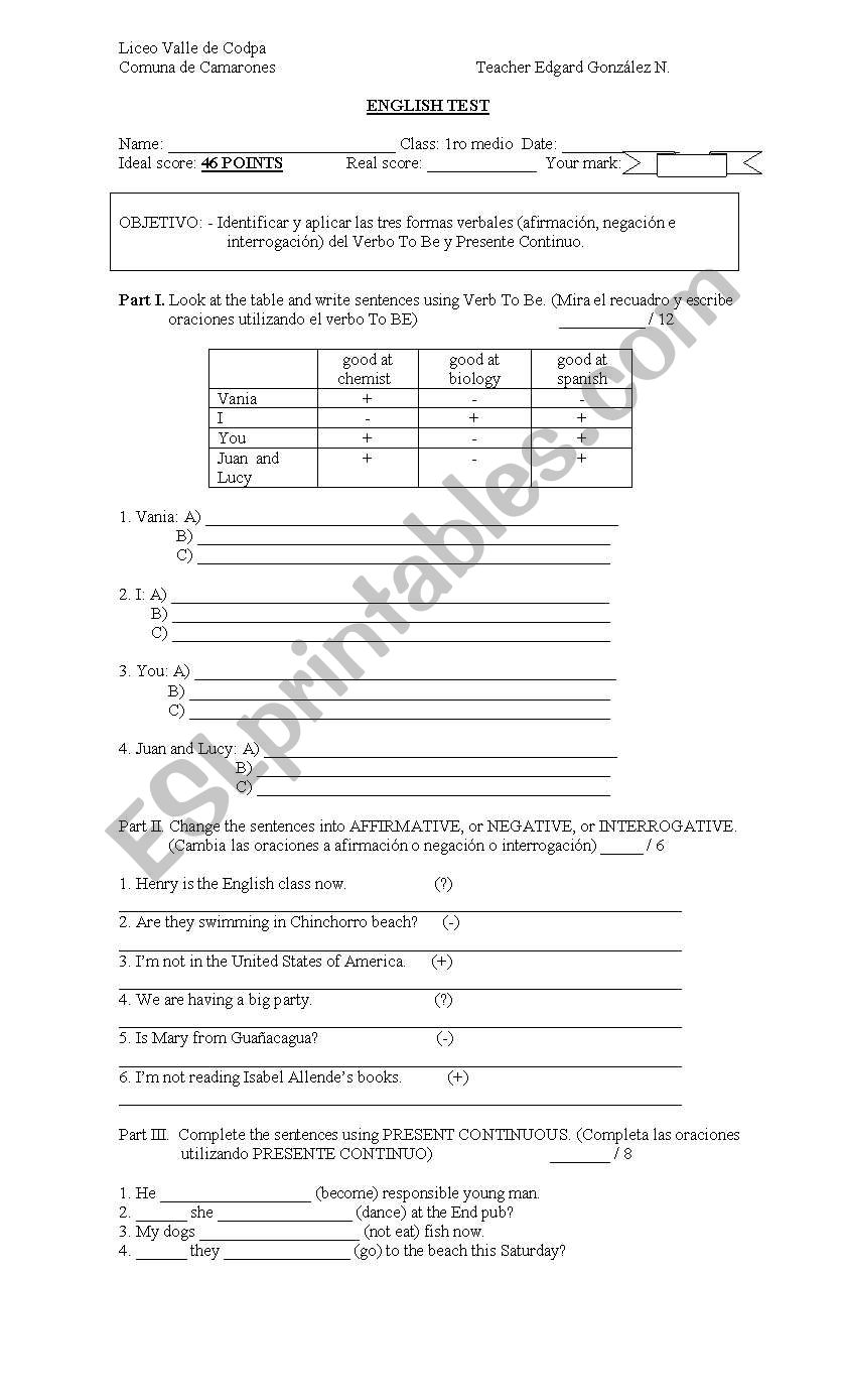 Test of Present continuous and verb to be