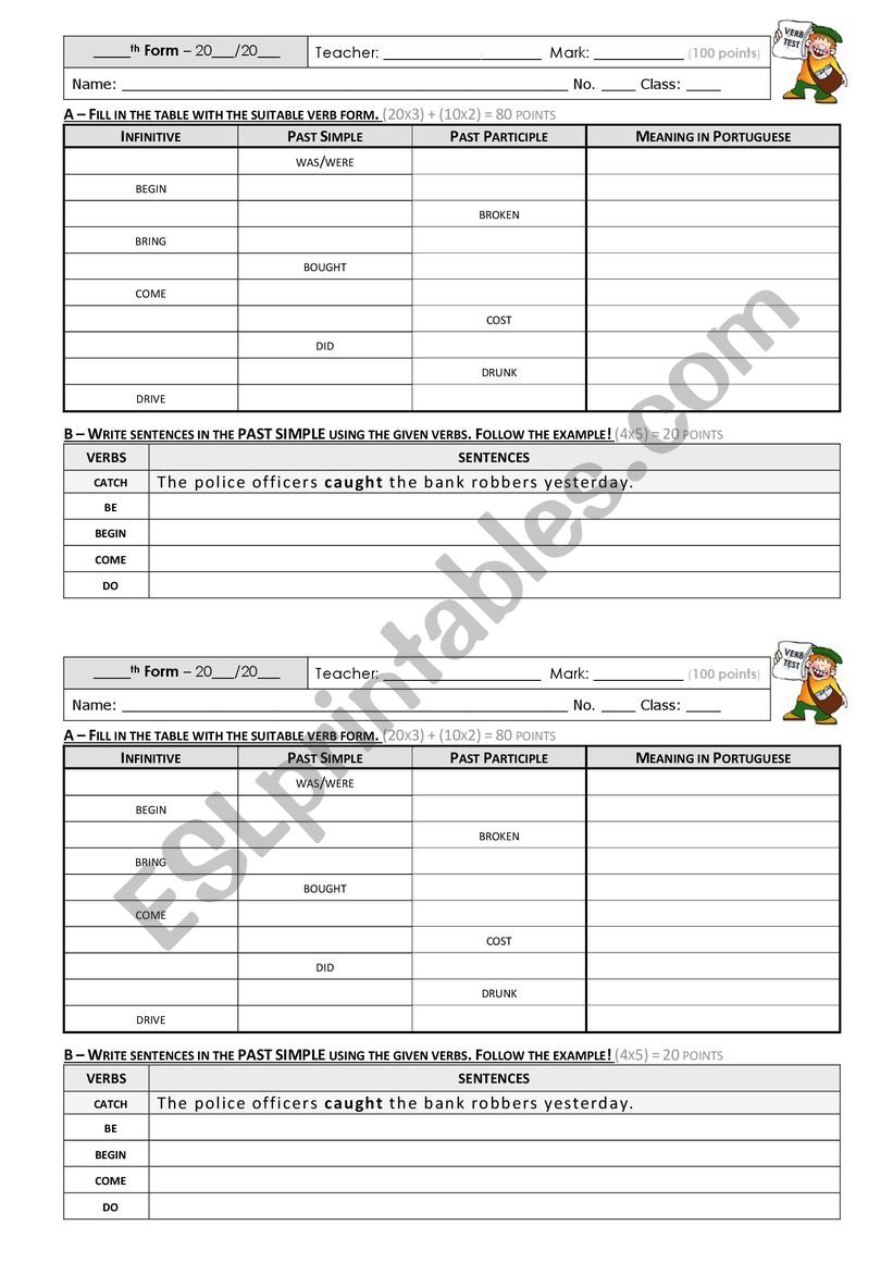 Irregular Verbs Test (Part 1) worksheet