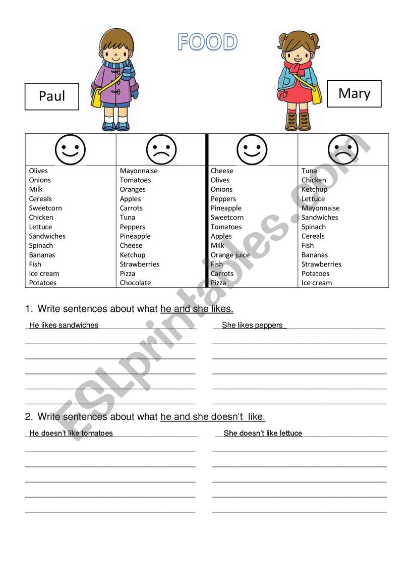 food likes doesnt like worksheet