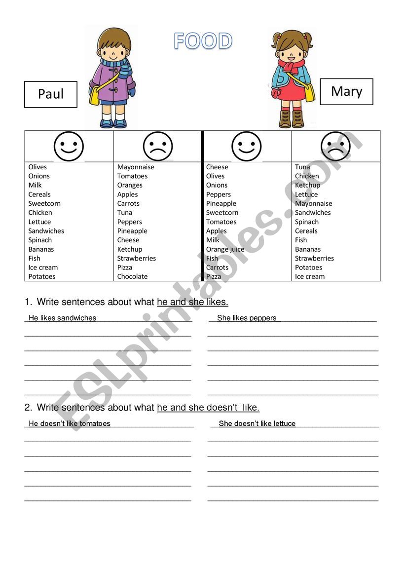 food likes doesnÂ´t like worksheet