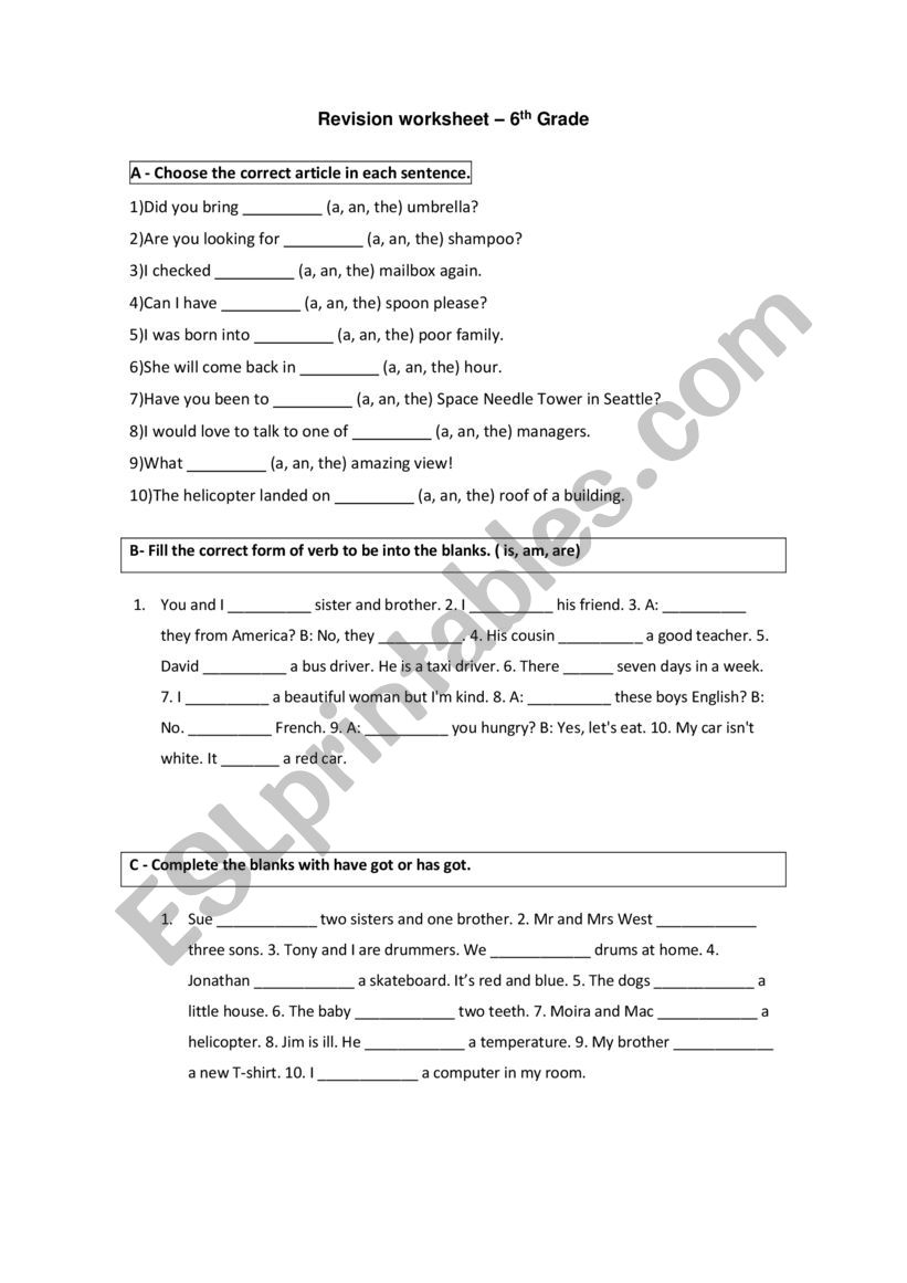 Revision worksheet 6th grade worksheet