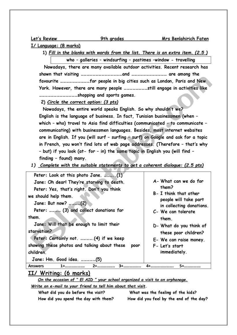 let Â´s r review 9th grade worksheet