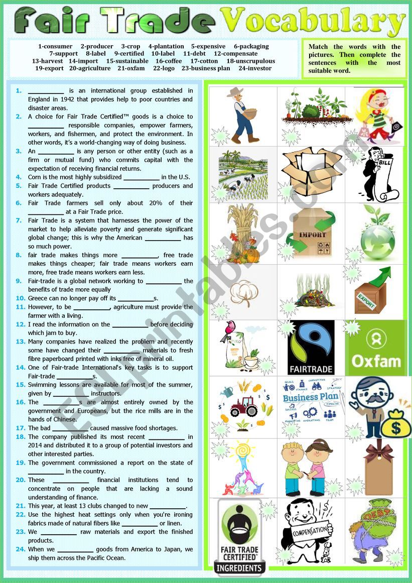 Fair-Trade vocabulary list - Pictionary + Fill in the gap ex + KEY