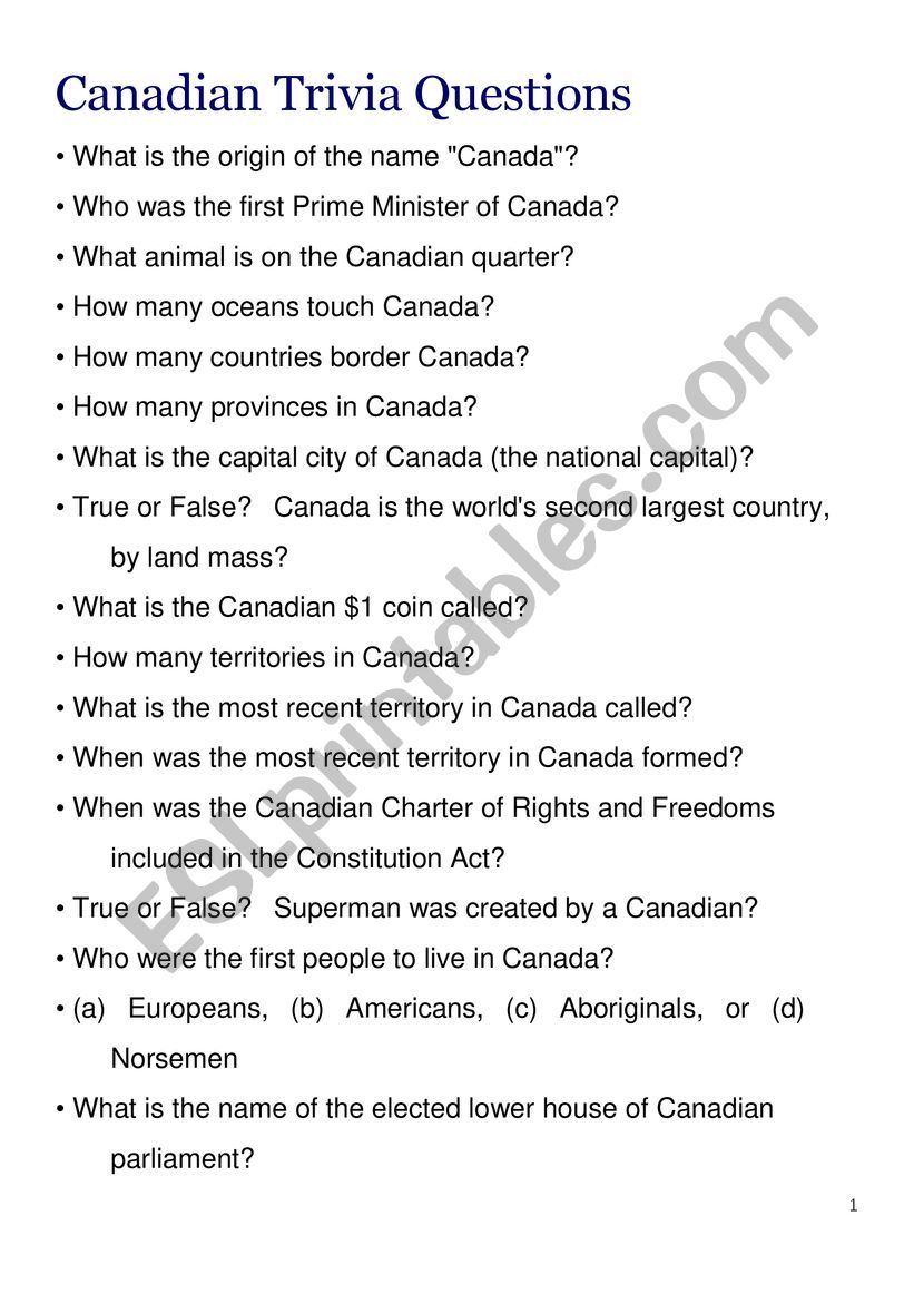 Canadian Triva worksheet