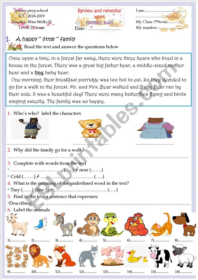 remedial work 7th form (Goldilocks and the three bears story)