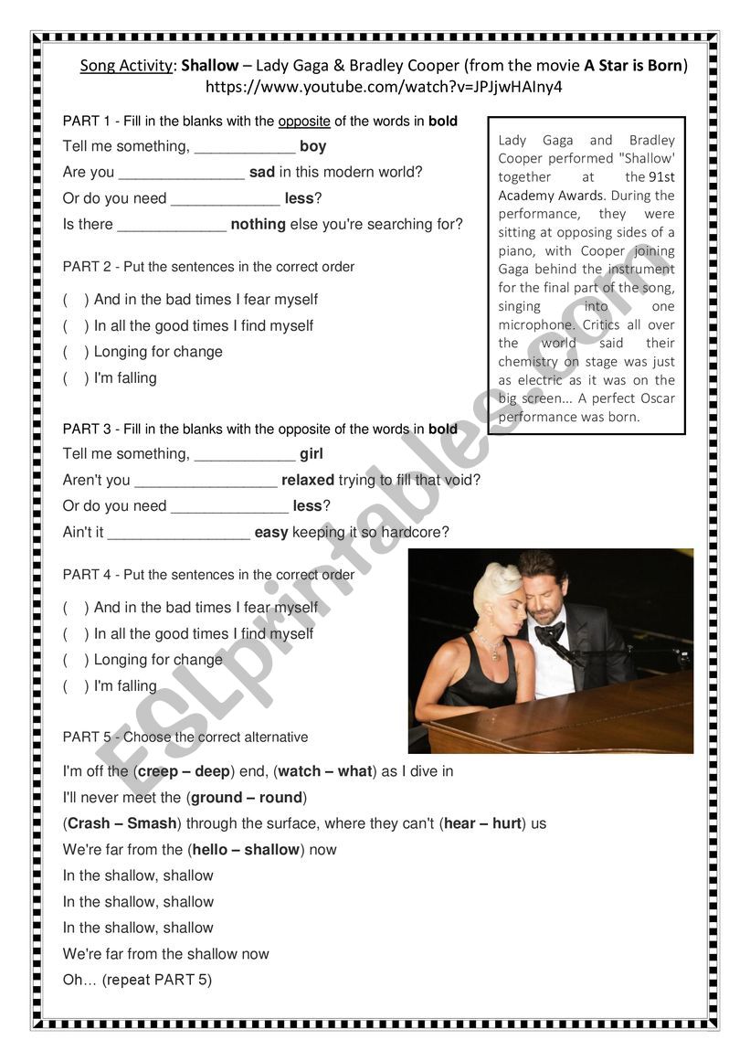 Song Activity: Shallow - Lady Gaga and Bradley Cooper Song Activity: Shallow - Lady Gaga and Bradley Cooper