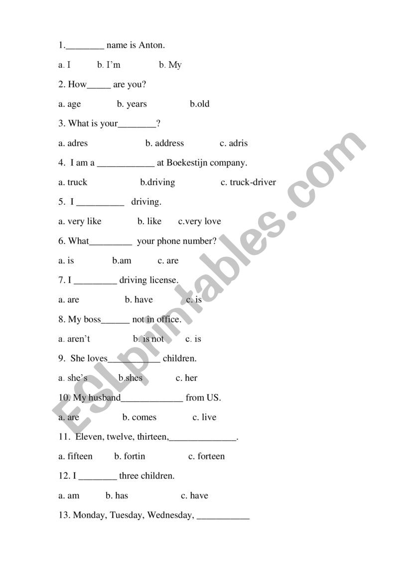 Quiz/Test worksheet