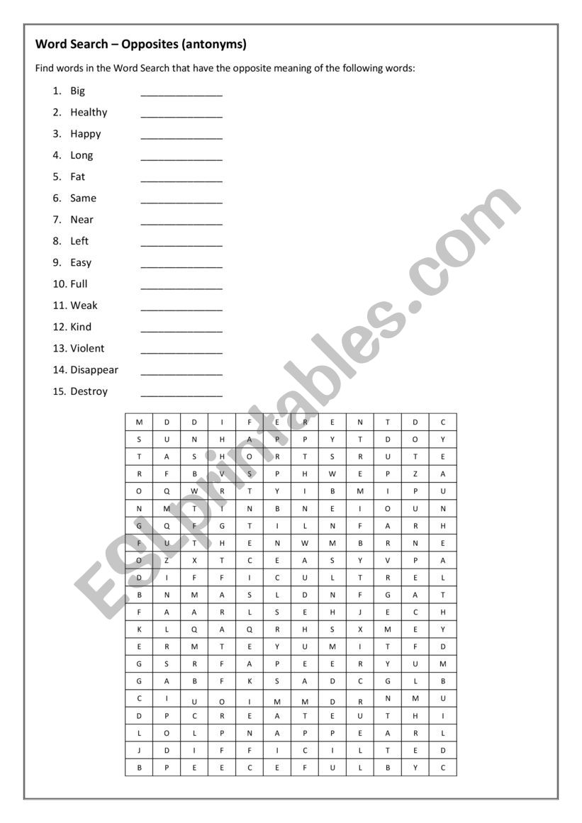 Antonyms Word Search worksheet