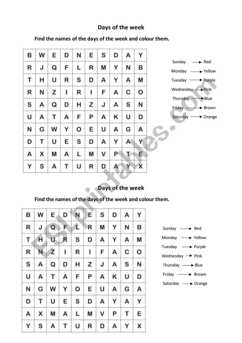 Days of the week Wordsearch worksheet