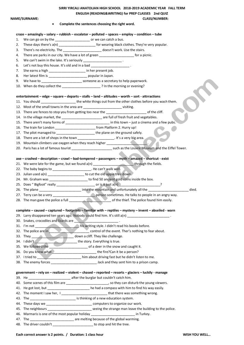 GENERAL VOCABULARY QUIZ worksheet