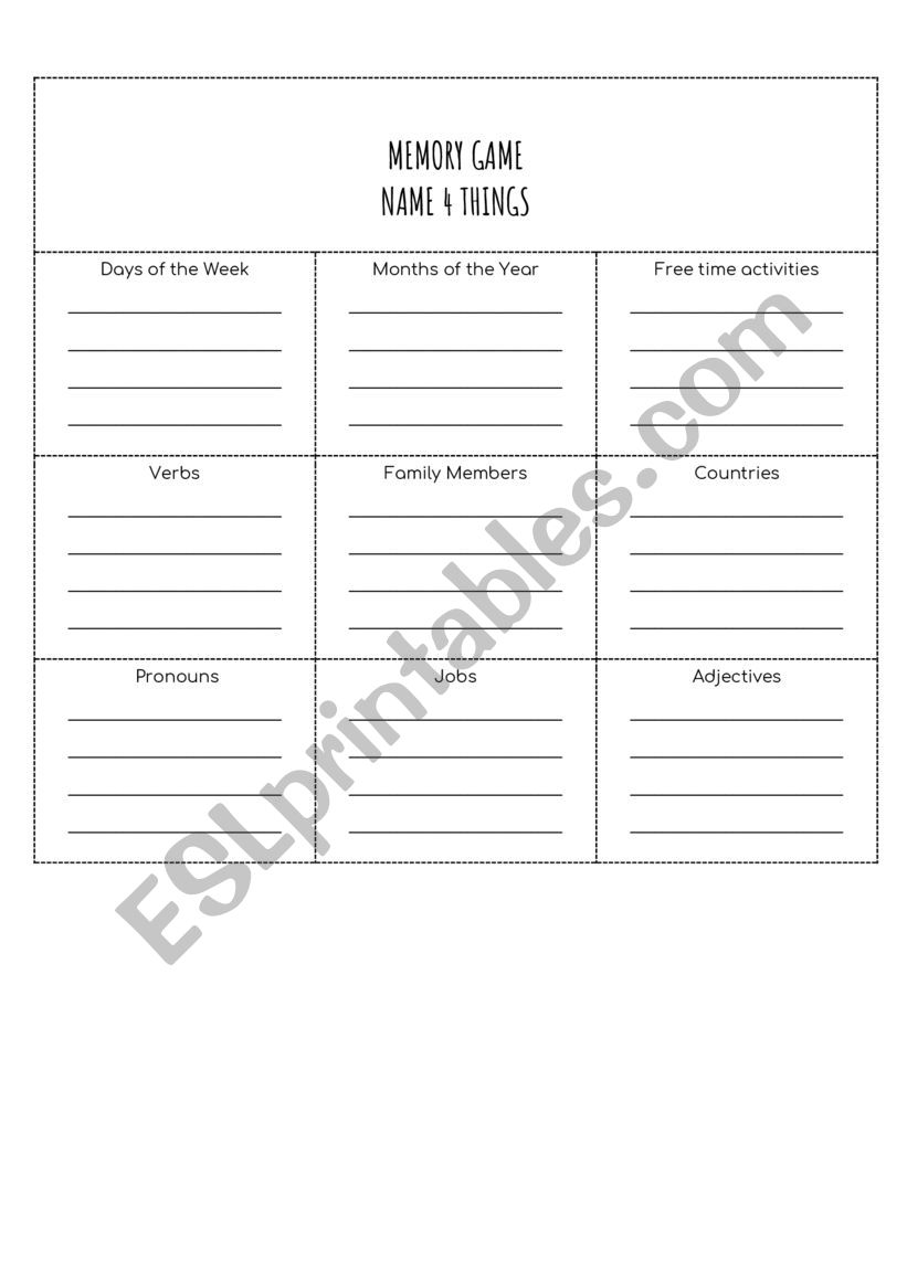 Name 4 things - Memory game worksheet