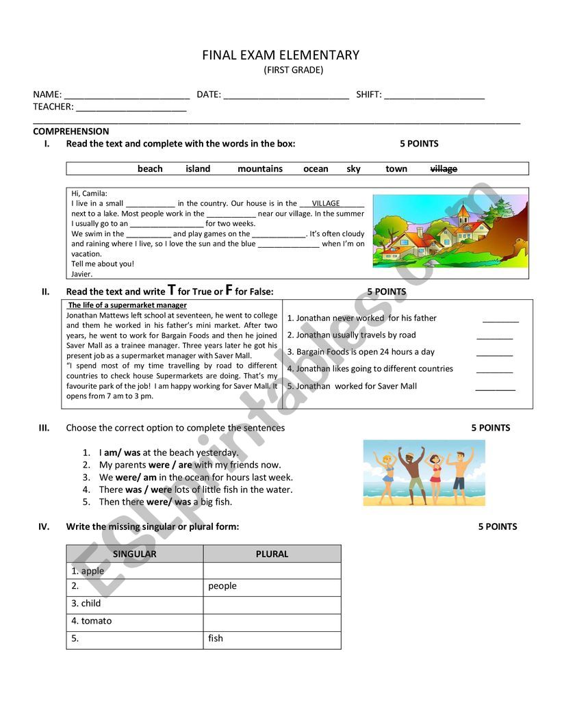 ELEMENTARY FINAL EXAM worksheet