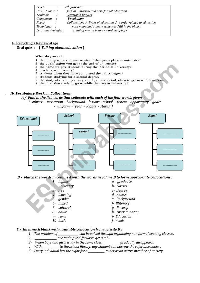 collocations about types of education