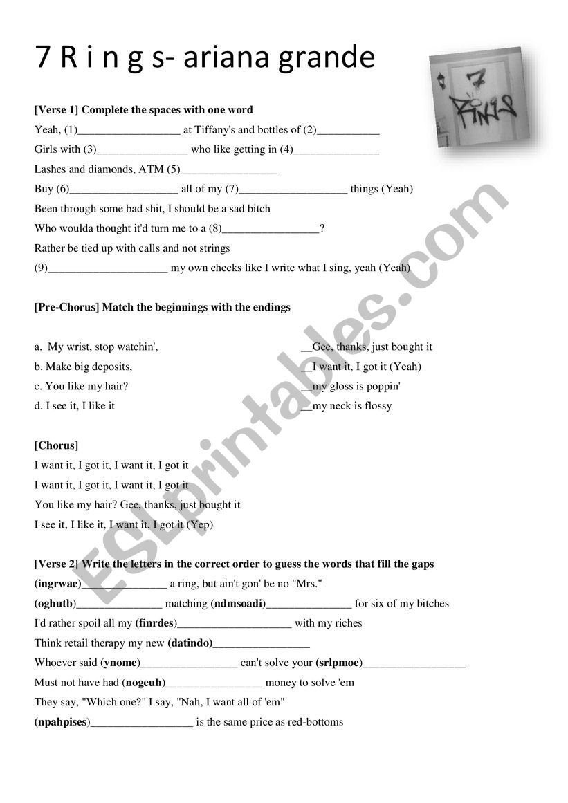 7 Rings- Ariana Grande worksheet