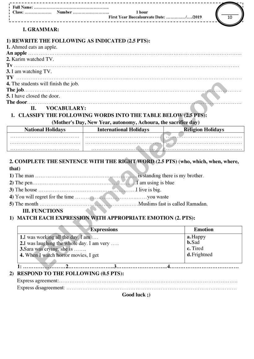 Language Quiz 1 bac S 2 worksheet