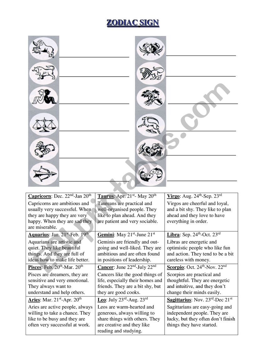 Zodiac Sign worksheet