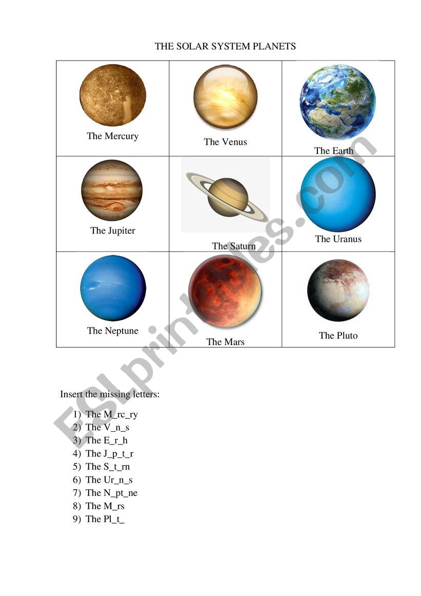 The solar system planets worksheet