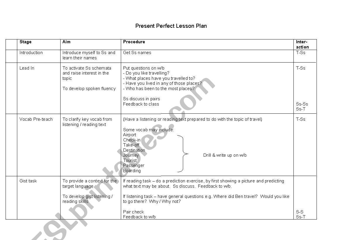 Present Perfect Lesson Plan worksheet