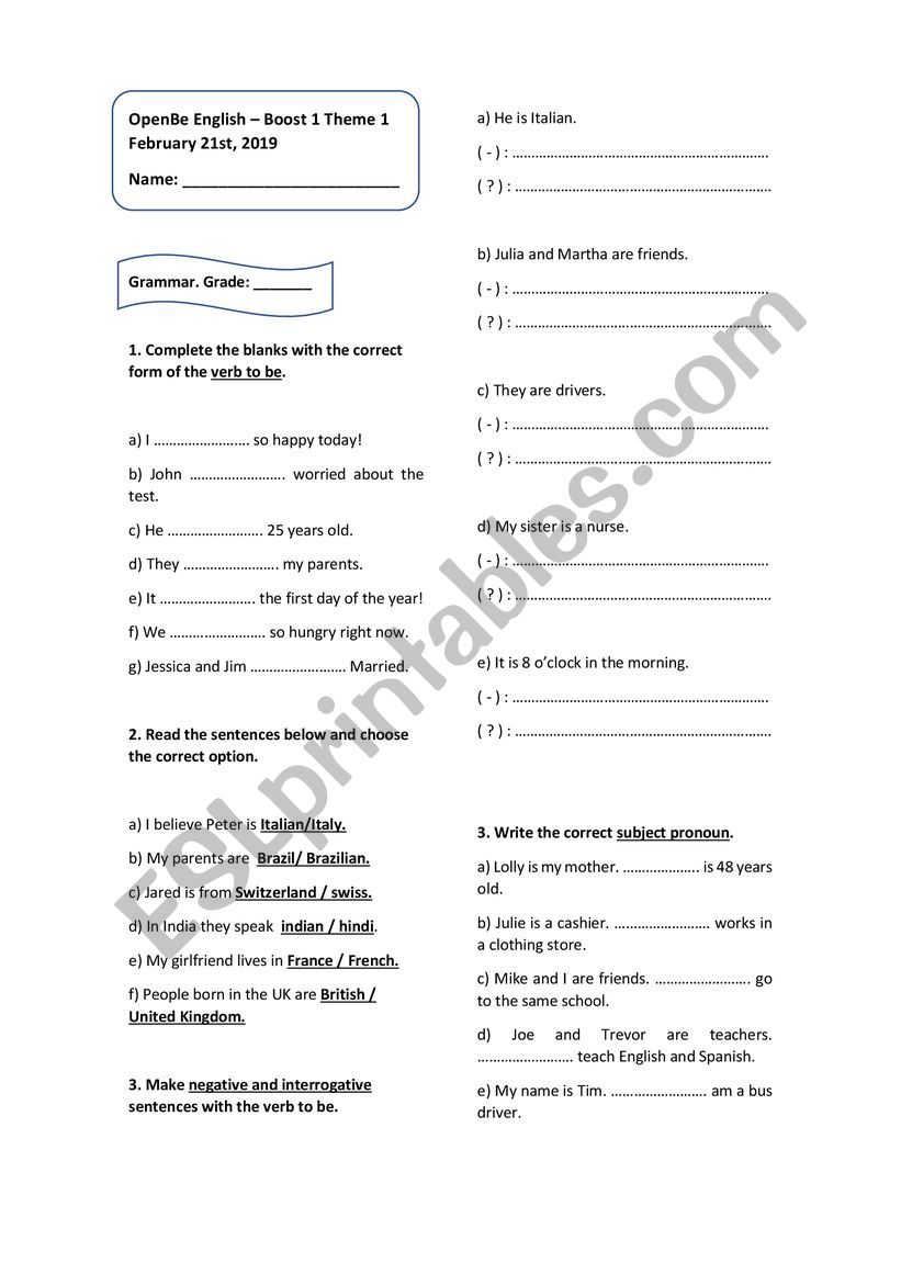 Beginners test worksheet