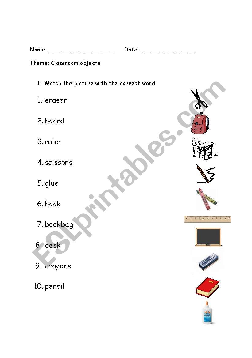 Classroom objects worksheet