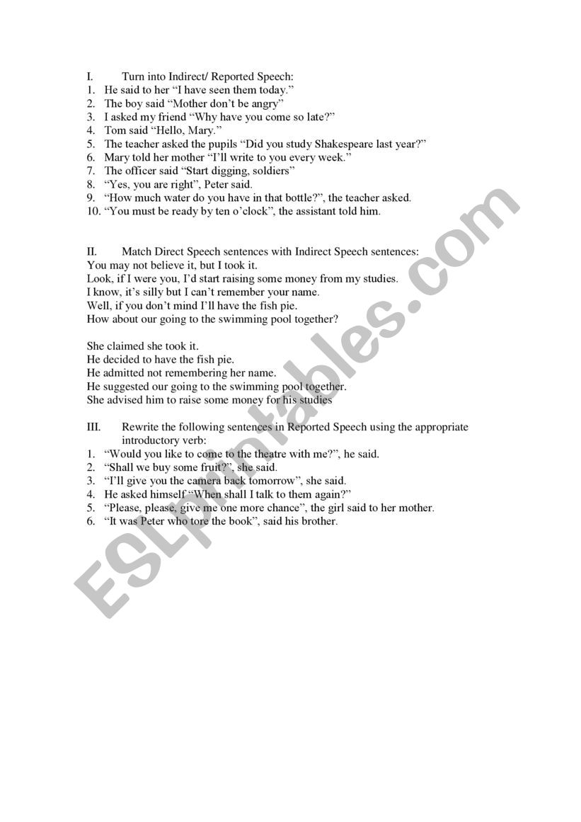 Reported  Speech worksheet