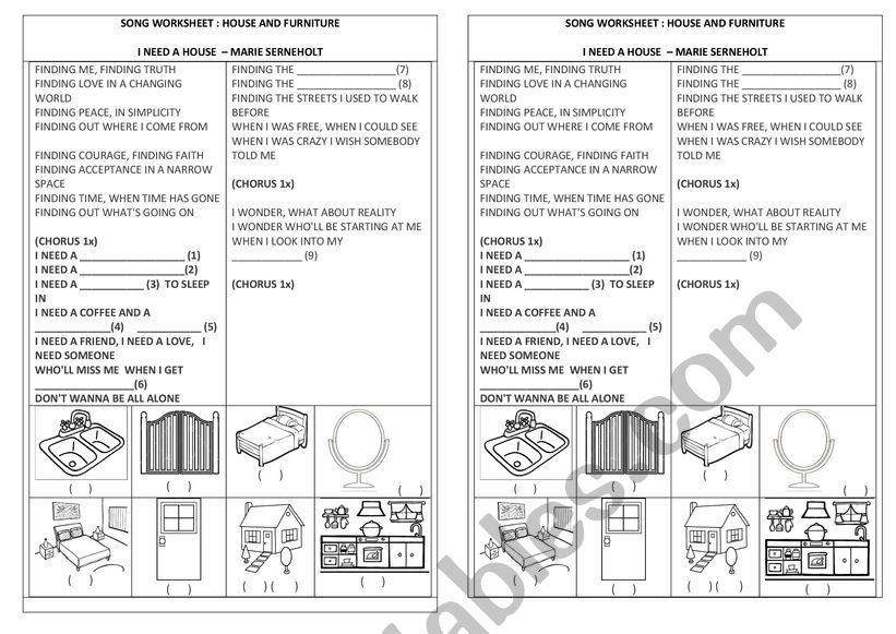 I NEED A HOUSE - SONG WORKSHEET