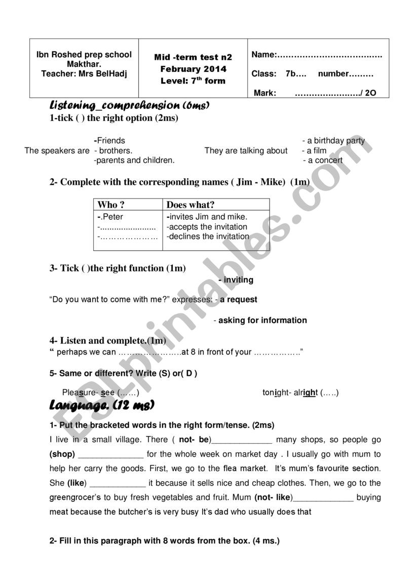 7 TH FORM TEST worksheet