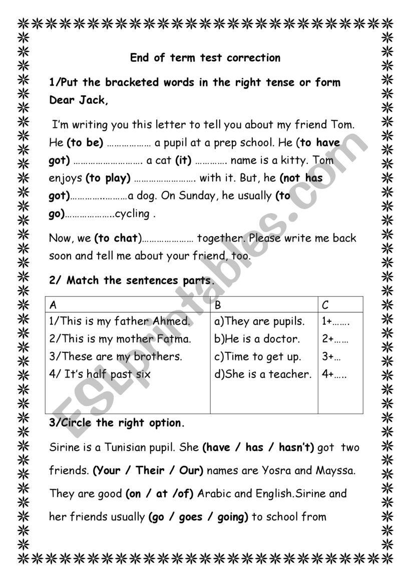 end of term test correction worksheet