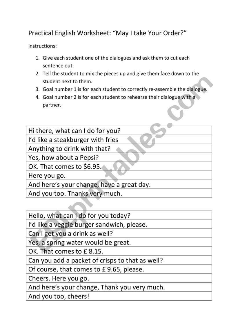 Restaurant Conversations Worksheet