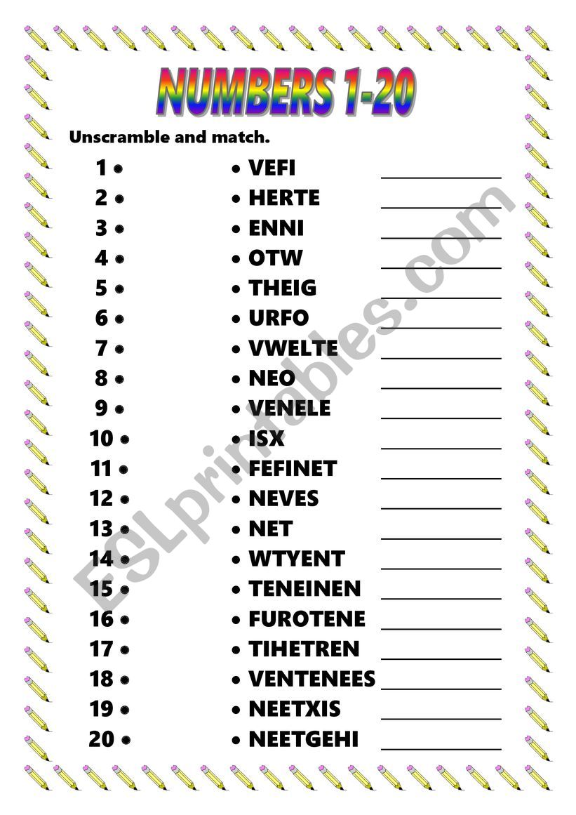 Unscramble numbers worksheet