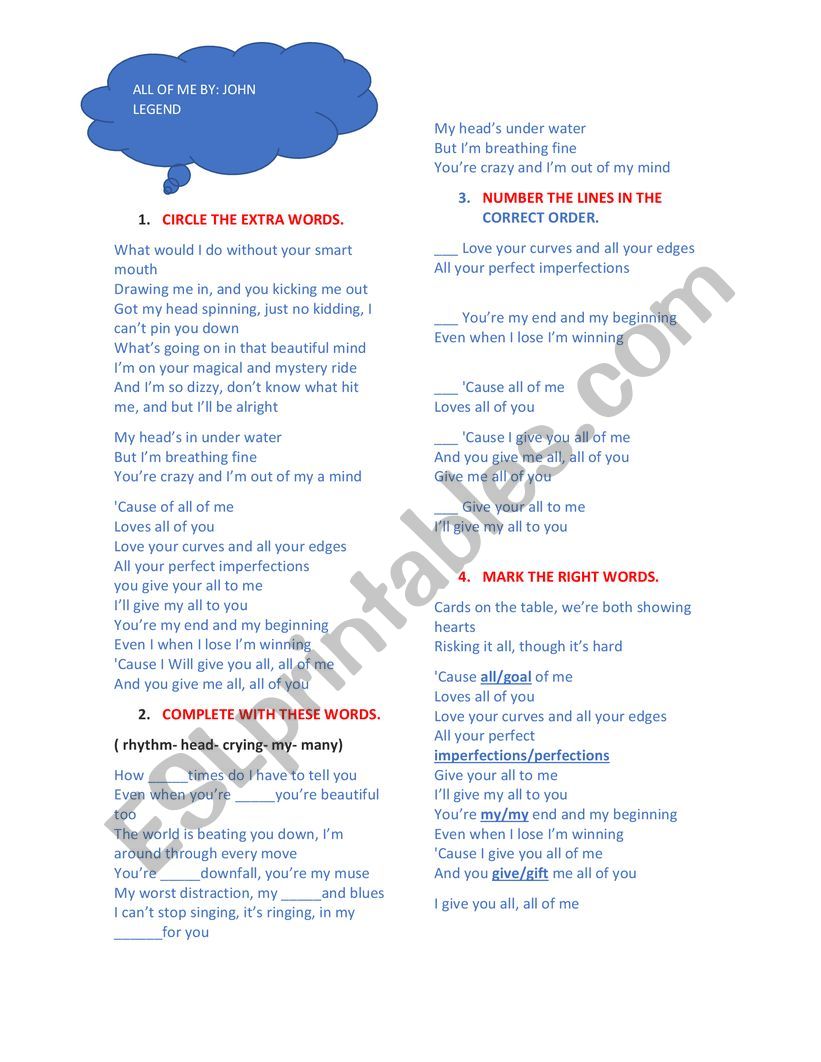 WORKSHEET AND ENGLISH SONG. worksheet