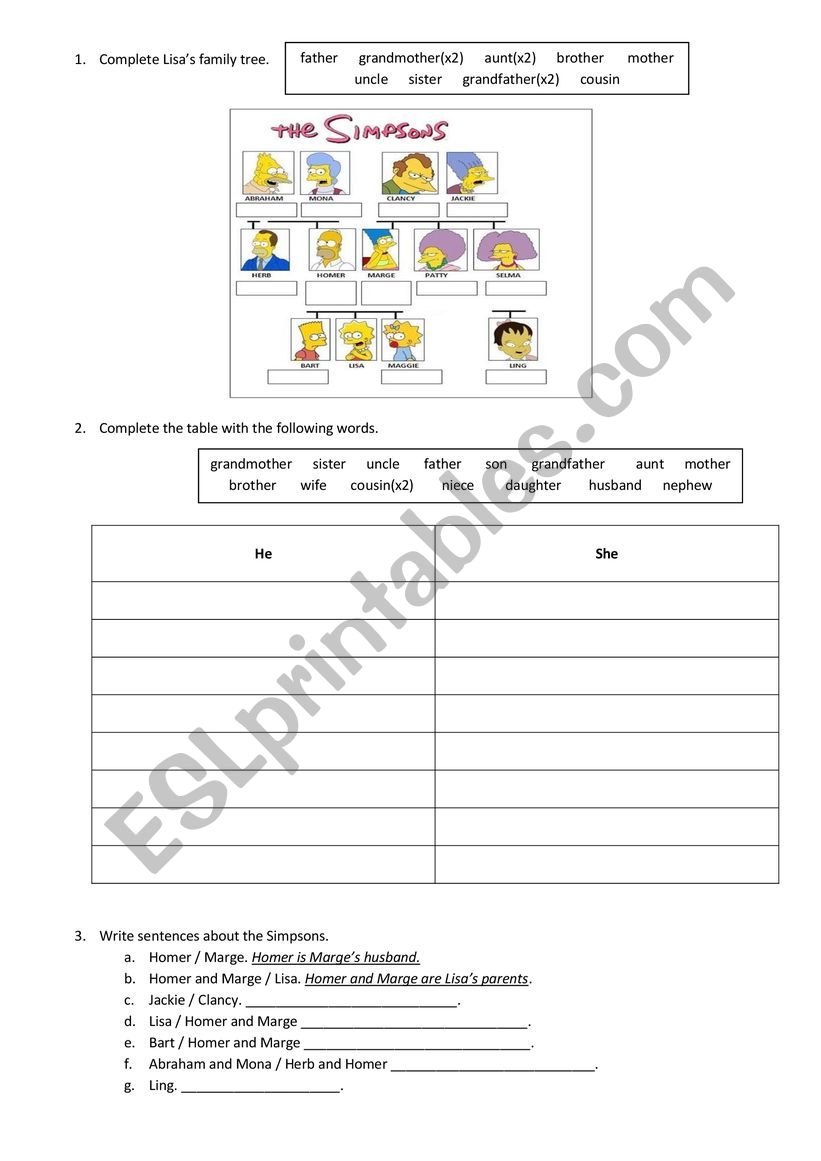 family worksheet