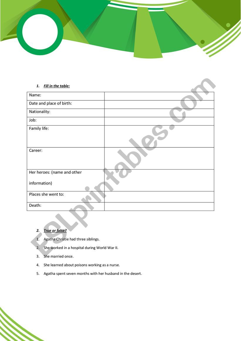 Agatha Christie Biography worksheet