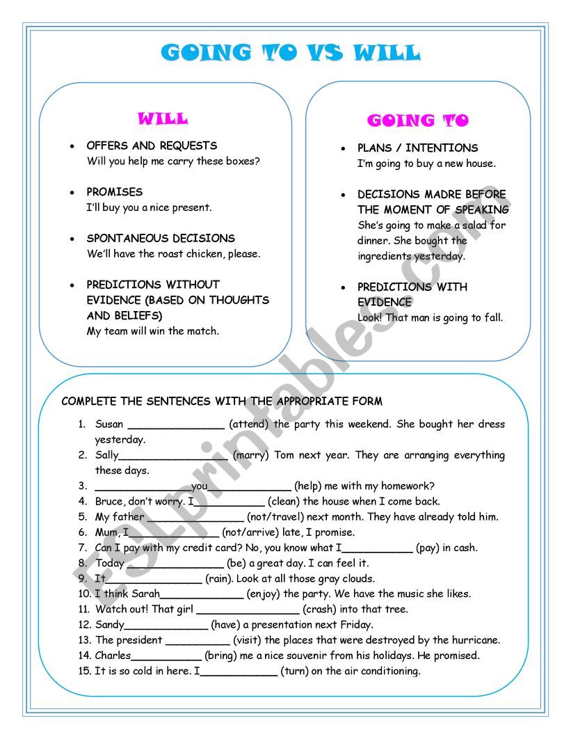 WILL VS GOING TO  worksheet