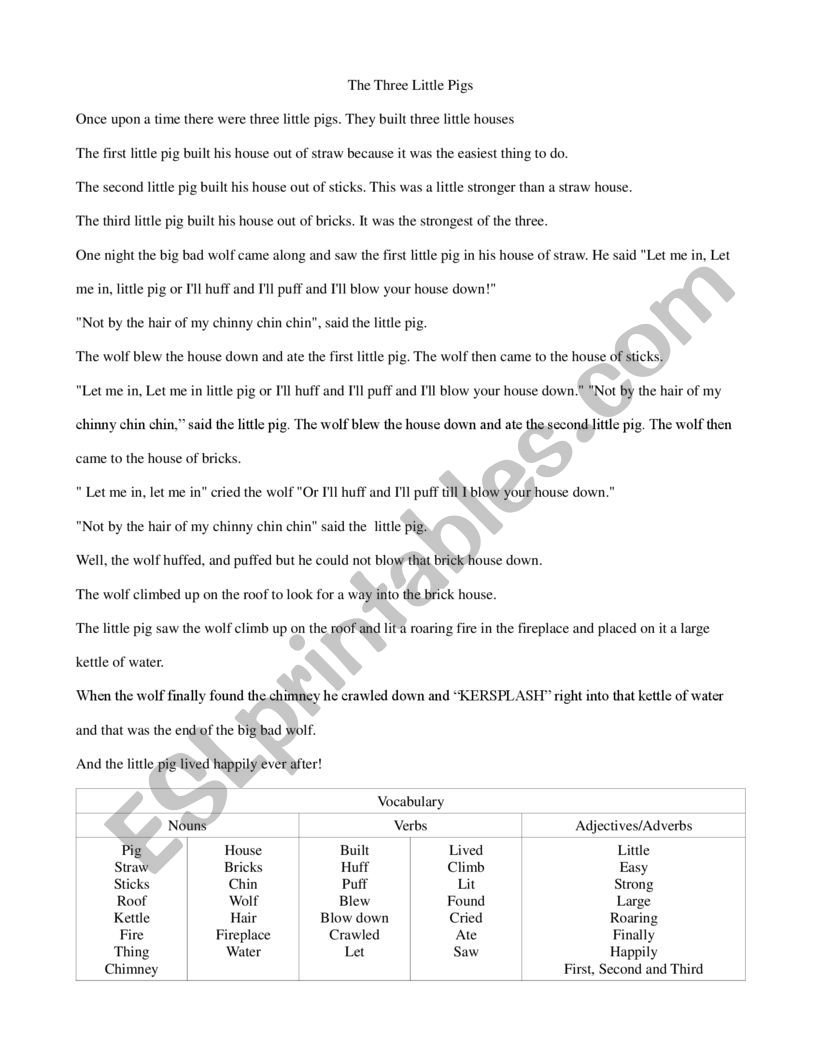 3 little Pigs Story worksheet