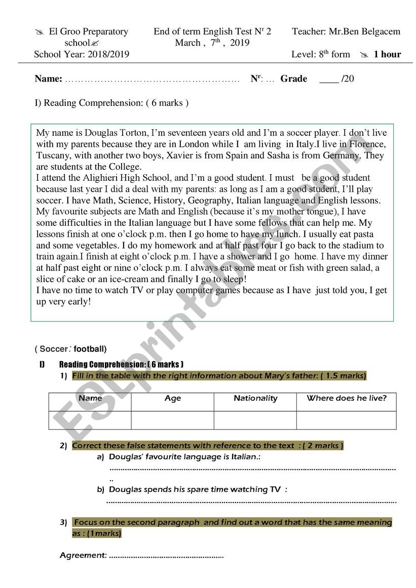 end of term test 2  for 8th form