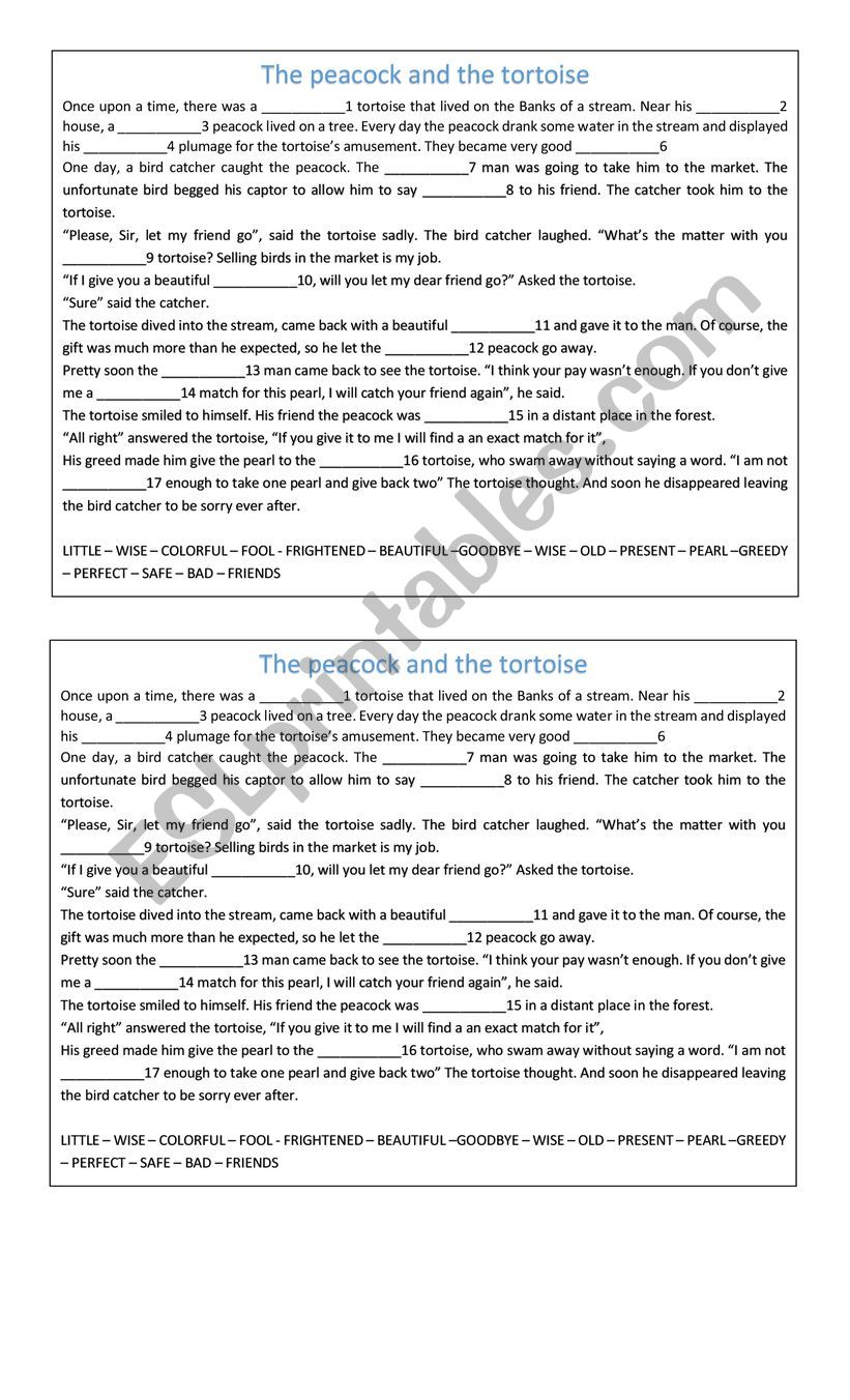 STORY THE PEAKOCK worksheet