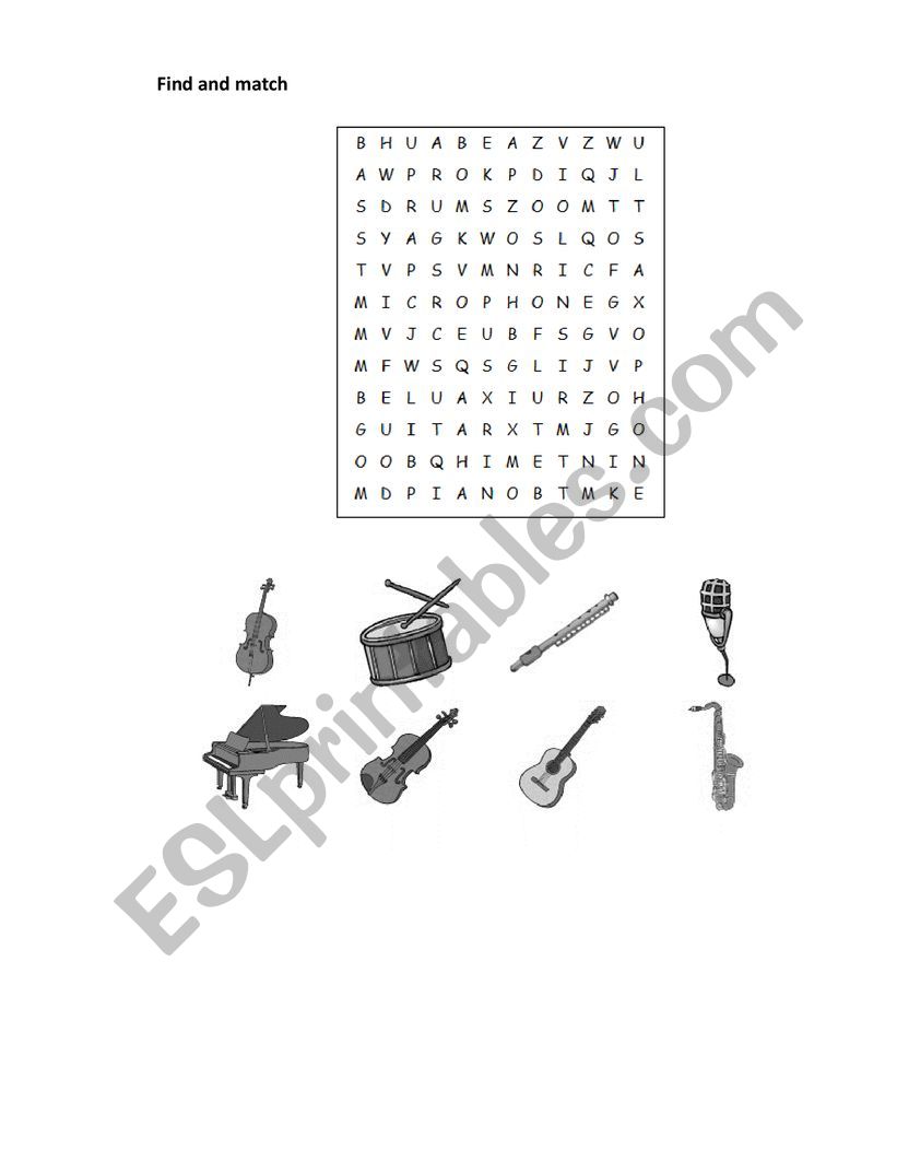 Musical Instrument Wordsearch worksheet