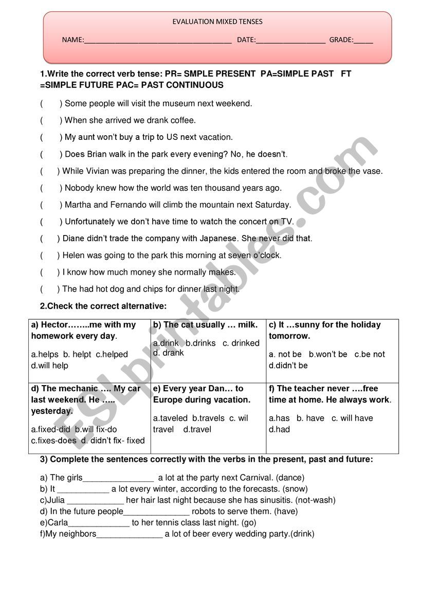 Test with mixed tenses worksheet
