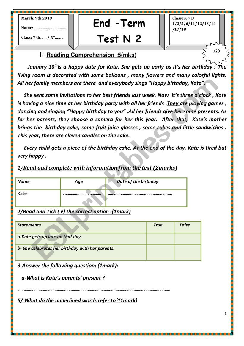 End term test 7th grade worksheet