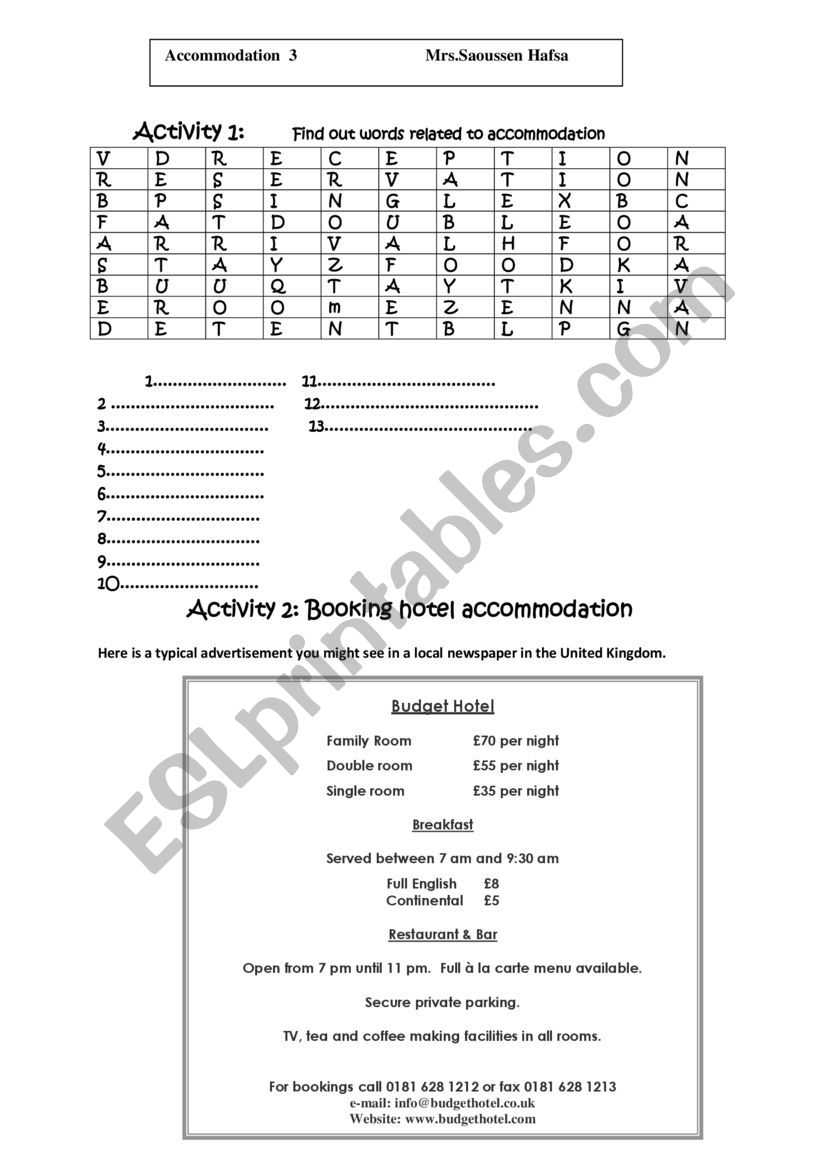 accommodation worksheet