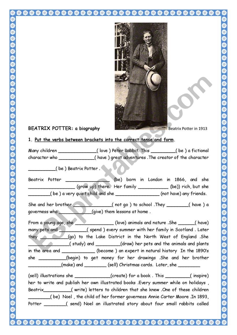 Beatrix Potter : a biography worksheet