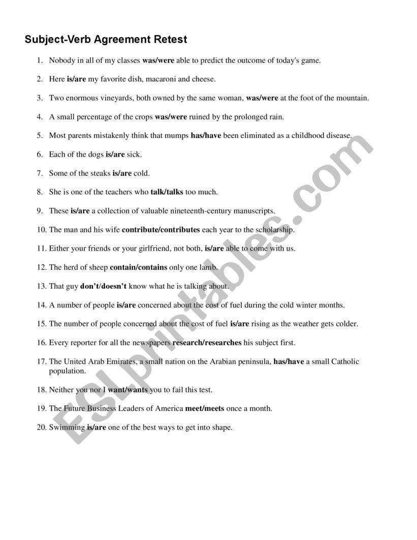 Subject-Verb Agreement quiz worksheet
