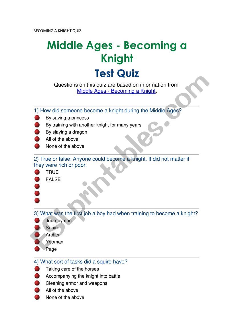 BECOMING A KNIGHT QUIZ MIDDLE AGES